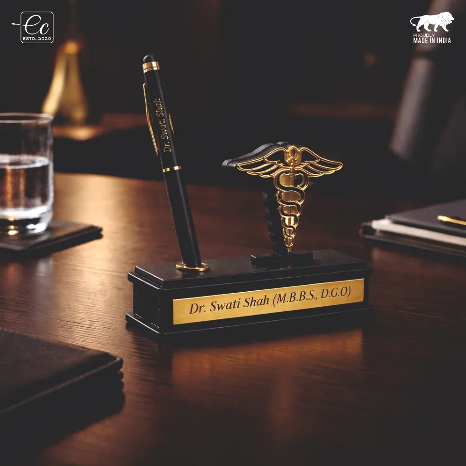 Premium Doctor Theme Desk Organizer with Name & Pen Holder – Black & Gold Finish
